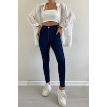 Dark Blue Yüksek Bel Skinny Fit Jean Likralı Önü Cepsiz Tayt Pantolon Dark Blue