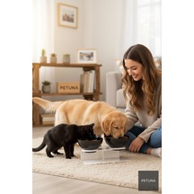 İki Hazneli Kedi Kafalı Beyaz Standlı Kedi Mama Ve Su Kabı 350 Ml
