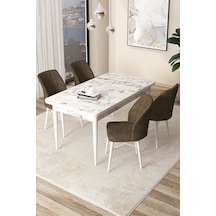Canisa Arp Serisi 70x110 Sabit Mutfak Masası Takımı Beyaz Mermer Desen Masa 4 Kahverengi Sandalye Masa Beyaz Sandalyeler Kahve