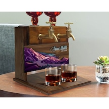 Bk Gift Kişiye Özel Kabartma Manzara Tasarımlı Çift Musluklu Doğal Ahşap İçki Standı-3, İçki Standı, Doğum Günü Hediyesi, Ev Hediyesi, Erkek Hediye Bi