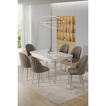 Canisa Rada Serisi 80x132 Açılabilir Lak Panel Beyaz Mermer Desen Masa 6 Cappucino Sandalye Krom Detay Masa Beyaz Mermer Desen Sandalye Cappucino