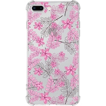 Apple Uyumlu iPhone 8 Plus  Köşe Korumalı Antişok Kapak Floral Pembe Tasarımlı Şeffaf Kılıf