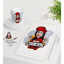 Kişiye Özel Bayan Chef Karikatürlü Beyaz Defter Kalem Türk Kahves N11.24469
