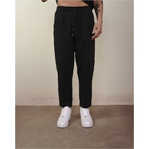 Rahat Bol Kalıp %100 Pamuk Müslin Kumaş Lastikli Jogger Siyah Jogger