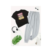 Medinenur Pray Yazı Baskılı T-shirt Eşofman Altı Jogger Rahat Kalıp Siyah Eşofman Takım Siyah