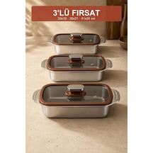 Viracasa 3'lü Cam Kapaklı Çelik Fırın Kabı Seti Borcam Fırın Tepsisi 33x19 35x21 41x24 Cm Diğer
