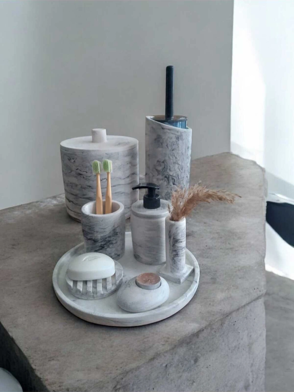 Marble Beton Banyo Seti,çöp Kovasi,tuvalet Wc,sabunluk,diş Fırçalık,mumluk,tepsi,aksesuar,dekorasyon Gri