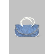 Denim Mini Omuz Çantası, Örgü Beyaz Saplı, Zincir Detaylı, Mavi Beyaz
