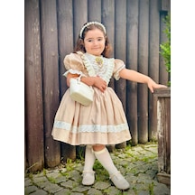 H L Y Karol Tasarım Kapiçino Dantelli Vintage Kız Bebek Elbisesi,doğum Günü,fotoğraf Çekim Elbise,0-12 Yaş Uygun Kahverengi - Krem