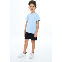 Toontoy Kids Toontoy Erkek Çocuk 2'li Takım Baskılı Bisiklet Yaka Tişört & Beli Lastikli Cepli Şort-tk24366 Mavi
