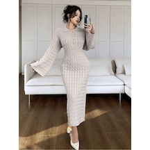 Sayzen Your Shine Gömlek Yaka Düğmeli Saç Örgülü Triko Elbise Sy-2515 Ekru