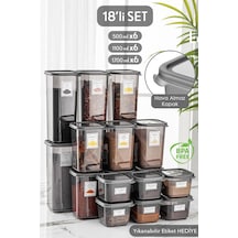 Meleni Home 18'li Set Kapaklı Kare Erzak Saklama Kabı Antrasit 6x 0,50 Lt-1,10 Lt -1,70 Lt Etiketli Baharatlık