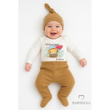 Babyden's Ablasının Aslanı Yazılı 3 Lü Bebek Takımı Uzun Kollu Çıtçıtlı Body,patikli Pantolon Şapka Set Açık Kahverengi