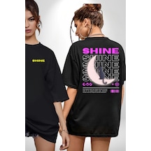 Parlayan Siyah Kedi Siyah Oversize Unisex Ön Ve Sırt Baskılı Tişört Siyah