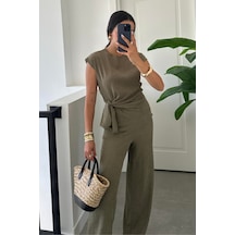 Paw Garage Kadın Sienna Bağlama Haki Detaylı Krinkıl Kumaş Bluz Pantolon Takım