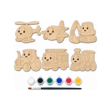 6 Lı Sevimli Taşıtlar Mdf Boyama Seti 17 Cm Sulu Boya Ve Fırça