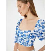 Koton Crop Çiçekli Bluz Kare Yaka Balon Kollu Mavi Desenli 4sak70073ek