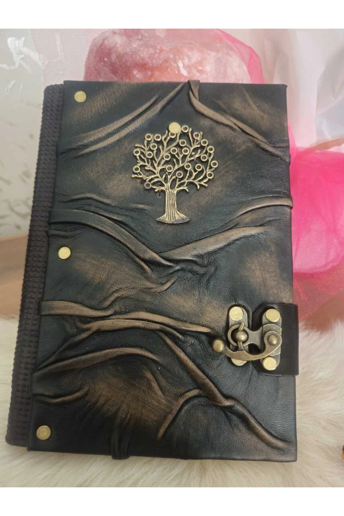 Ağaç Figürlü Zamak Döküm Hakiki Deri Doğaçlama Efektli El Yapımı Defter Açık Kahverengi