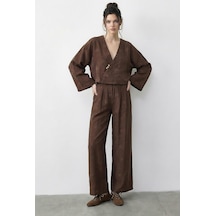 Shade Kadın Kendinden Çiçek Desenli Kruvaze Kimono Salaş Pantolonlu Alt-üst Takım 60613 60283998 - Acı Kahve Çok Renkli