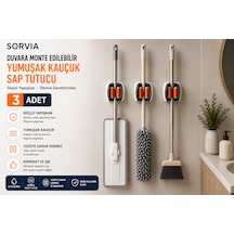 3'lü Duvara Monte Yapışkanlı Sap Tutucu, Mop Tutucu, Süpürge Tutucu, Şemsiye Tutucu, Kaymaz Kauçuk Silikon Organizer Askılık 3 Adet Beyaz - Turuncu
