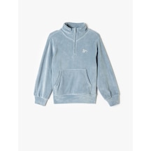 Koton Kadife Sweatshirt Dik Yaka Yarım Fermuarlı Uzun Kollu Mavi 5wkg10191ak Mavi