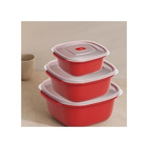 Kırmızı Kare Saklama Kabı Seti 3'lü 550/1100/2200 Ml Çok Renkli