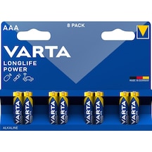 Varta Longlife Power AAA Alkalin İnce Kalem Pil, LR03, 1,5V, 8'li Paket