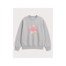 Herkesemoda Power Girl Çiçek Baskı Detaylı Şardonlu 2 İplik Bisiklet Yaka Sweatshirt Gri
