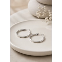 Gümüş Renk 28 Mm Çelik Düz Klasik Halka Küpe - Minimalist Klipsli Halka Küpe