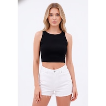 Zedefx Kadın Halter Yaka Pencere Detaylı Crop Bluz Siyah