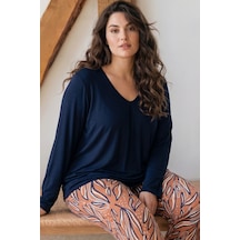 Siyah İnci Desenli Büyük Beden Battal Boy Viskon Örme Pijama Takım 26224818 Lacivert