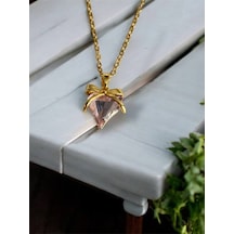Pembe Kristal Kalpli Kadın Kolye Zirkon Taş Detaylı, Paslanmaz Çelik 55 Cm Zarif Tasarım Çelik