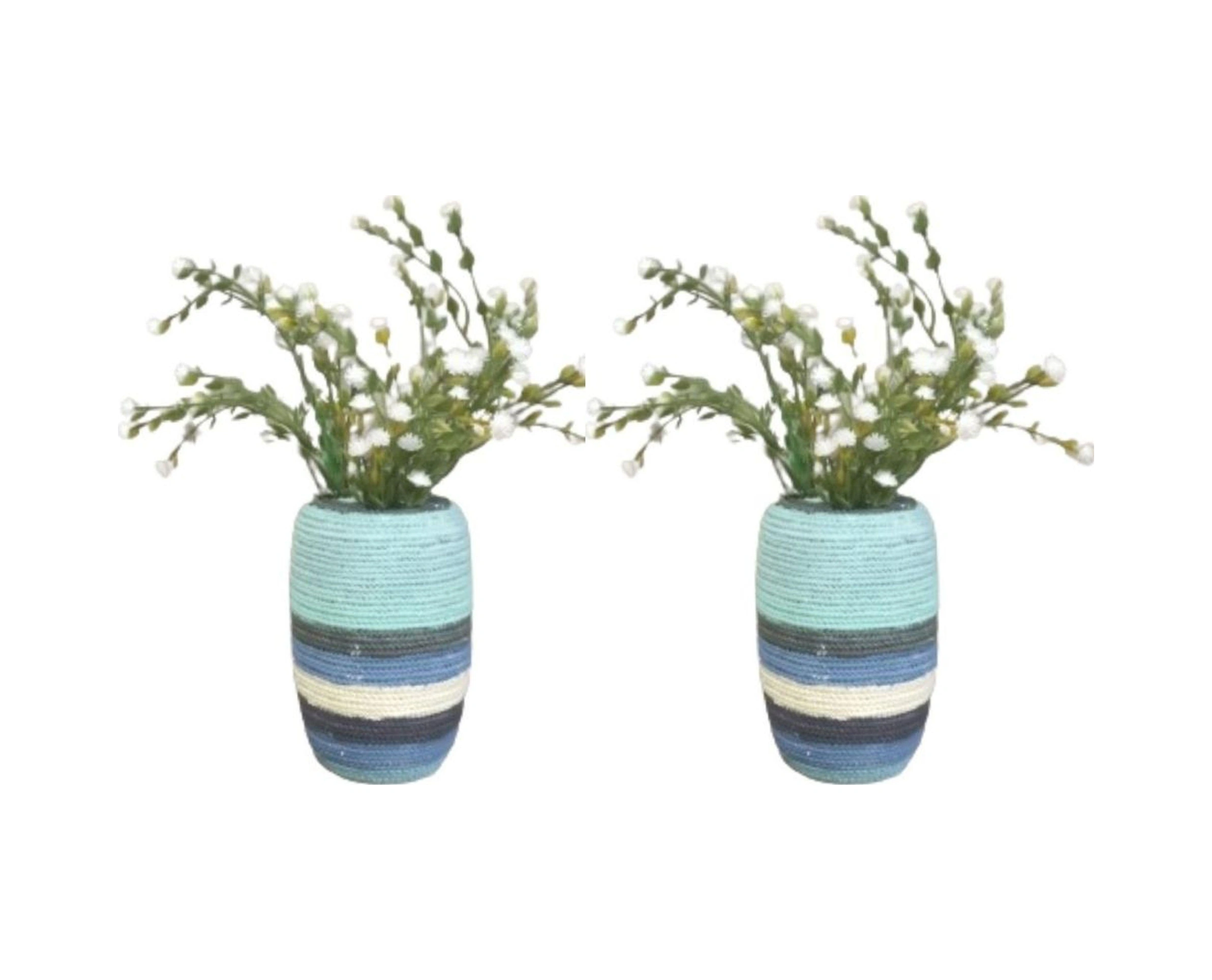 2 Adet Vazo Dahil,vazoda Çiçek,beyaz Yapay Çiçek,vazo Dekoratif Mavi Örgü Poliresin 7x7x16cm Çok Renkli