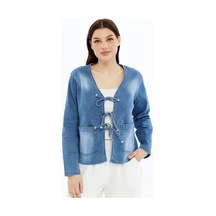 Selectmoda Kadın Denim V Yaka Önden Cepli Bağlama Detaylı Ceket/hırka Mavi