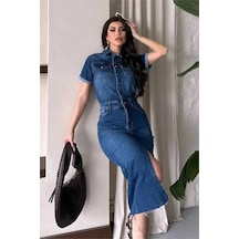 Neşeli Butik Kadın Yırtmaçlı Cep Detaylı Kot Elbise Nbnp005 Mavi