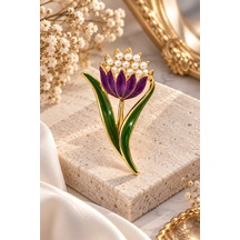 Kadın Gold Lale Figürlü İnci Detaylı Şık Broş Mor Mor
