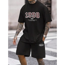 1998 Usa T-shirt Şort - Siyah Alt Üst Kombin Şort Tişört Takım Baskılı Oversize Bisiklet Yaka Siyah