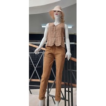 Bohem Stil İtalyan İnce Fitilli Kadife Likralı Kemerli Skiny Pantolon-8933 Camel