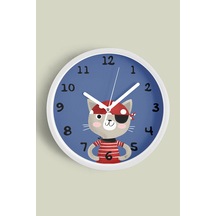 Korsan Kedi Çizimli Çocuk Odası Duvar Saati - 42cm - Önü Camlı Beyaz Kasa - Sessiz Mekanizma Beyaz