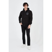 Erkek 3 İplik Pamuklu Fermuarlı Kapüşonlu Kanguru Cepli Baskılı Hoodie Hırka Sweatshirt - Siyah