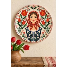 Dekoratif Duvar Tabağı Laleli Halk Masalı Dekorlu Seramik Tabak Bej