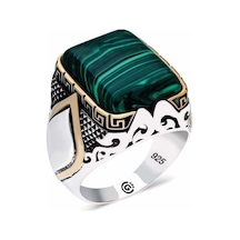 ​Gümüş Yeşil Sıkma Kehribar Taşlı Kare Erkek Yüzük (510933657)