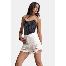 Itsbasic Kadın Kırık Beyaz 15s6-101 Mini Boy Yüksek Bel Yırtık Detaylı Püsküllü %100 Koton Denim Şort