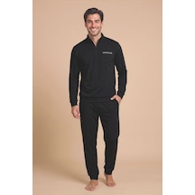 Wordex Mirano 3252 Erkek Fermuar Detaylı Kışlık Spor Eşofman Pijama Takımı Siyah