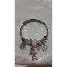 Uzel Çelik Bileklik Gümüş Silver Model Pembe, Balık Char...