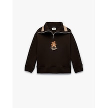 Koton Uzun Kollu Yarım Fermuarlı Ayıcık Nakışlı Şardonlu Oversize Sweatshirt Kahverengi 6wkg10465ak Kahve