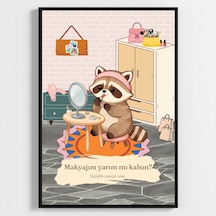Besay Rujlu Rakun Eğlenceli Banyo Ve Giyinme Odası Duvar Dekorasyonu Aynada Makyaj Yapan Komik Hayvan Poster Tablo A3 Tek