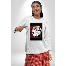 Anime İblis Avcısı Kimetsu No Yaiba Maske Unisex Beyaz Sweatshirt Beyaz