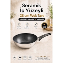 28 Cm Seramik İç Yüzeyli İndüksiyon Uyumlu Paslanmaz Çelik Wok Tava Gümüş
