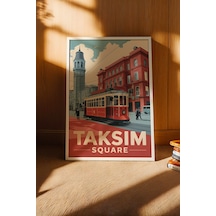 Taksim Meydanı Tablo - Nostaljik İstanbul Posteri - Retro Tramvay Duvar Dekoru - Şehir Tablosu Beyaz
